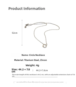 Detailed size specifications for the stainless steel circle necklace with zircon stones