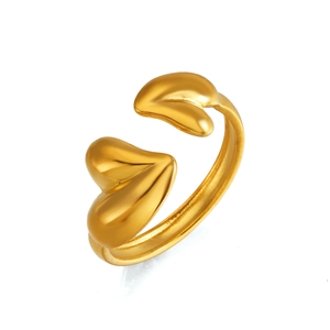 Polished 18K gold-plated open ring with double heart-shaped ends on white background