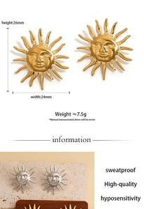 Detailed sun face earrings dimensions 26mm x 24mm shown in gold and silver plating