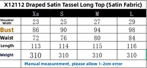 Detailed size chart for satin off-shoulder dress with tassels and measurement guide