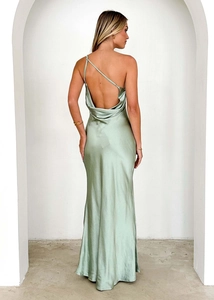 Rear view of sleek sage green satin dress featuring an elegant backless cut and draped fabric