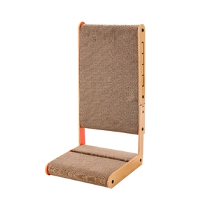 L-shaped vertical cat scratching post made of corrugated paper and light wood frame