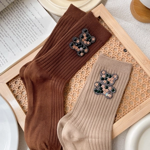 Chic ribbed cotton socks with rhinestone bear embellishment in earthy tones