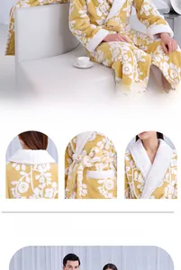 Detail of lemon yellow thick floral fleece bathrobe showing collar and textured fabric
