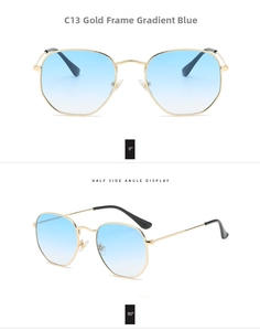 Vistas frontales y laterales de gafas de sol irregulares de metal dorado con lentes azules