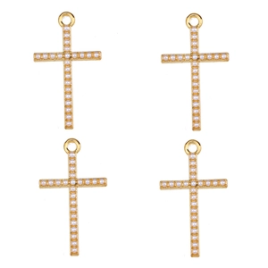 Detail view of 4 gold-tone cross pendants with pearl inlay for DIY jewelry making
