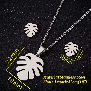 Silver stainless steel monstera leaf pendant necklace and stud earrings jewelry set