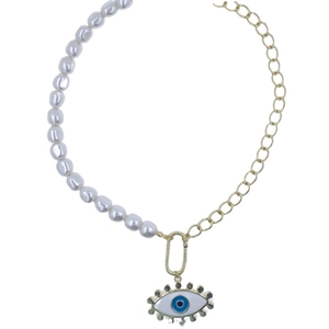 Asymmetric evil eye necklace with white pearls and 18k gold plated chain for women