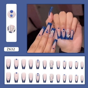 Blue glitter French ballet press-on nails with silver butterfly and rhinestone accents