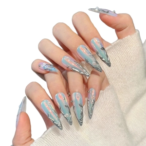 Holographic stiletto press-on nails with silver liquid metal textures and pearls