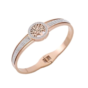 Elegant rose gold Tree of Life bangle with sparkling rhinestones and openwork design