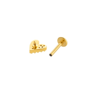 Golden heart labret stud in stainless steel with internal thread flat back design