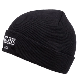 Classic black knitted beanie with white LESS MADE embroidery for winter warmth