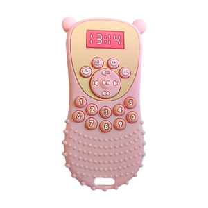 Pink bear-shaped toy phone with silicone buttons and digital screen for infants