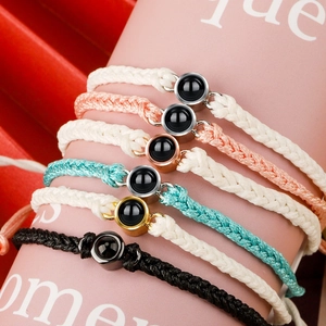 Custom I Love You projection bracelet with braided rope and round stone for Valentine's Day gift