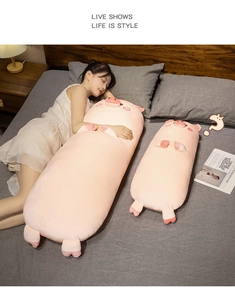 Cozy pink pig plush body pillow shown in two sizes for comfortable side sleeping