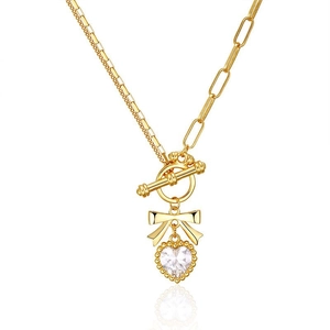 925 silver gold-plated heart necklace with zircon bow and unique OT buckle closure