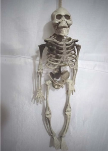 Detailed view of an ivory white hanging plastic human skeleton prop for Halloween decor