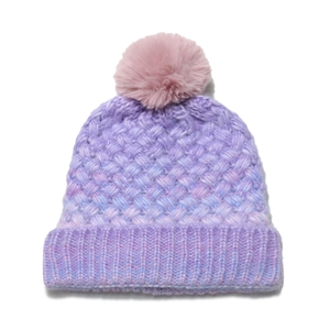 Detail of chunky knit winter beanie featuring purple gradient weave and faux fur pompom