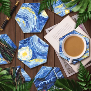 Eight hexagonal starry night diamond painting coasters on a cozy wooden coffee table setting