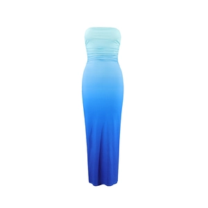 Detailed close-up of blue gradient strapless dress with elegant ruching on waist