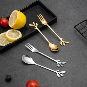 Creative Leaf Handle Stainless Steel Spoons And Forks For Coffee Dessert Fruit Mixing Elegant Kitchen Tableware