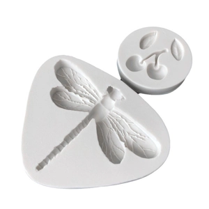 White silicone dragonfly and cherry fruit mold set for fondant cake decorating