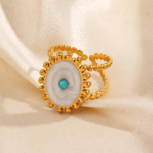 Bague En Acier Inoxydable Plaqué Or Vintage Bohème Avec Résine Blanche Et Turquoise Synthétique Ovale Géométrique Pour Femmes