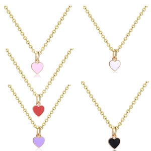 Colorful enamel heart pendants on gold paperclip necklaces in five vibrant colors
