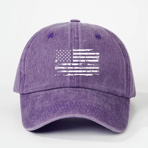 Purple washed cotton baseball cap with vintage distressed American flag print design