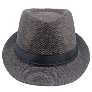 Close-up of brown tweed wool fedora hat with elegant black grosgrain ribbon detail