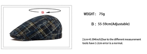 Detail view of adjustable vintage plaid flat cap showing fabric texture and size dimensions