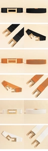 Elastic wide belt in black, tan and white with elegant golden rectangular buckle