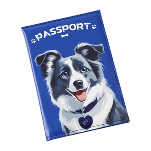 Blue faux leather passport holder featuring a realistic Border Collie UV print design