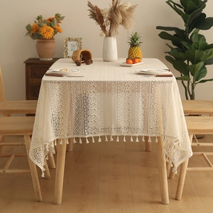 Cream lace crochet tablecloth with elegant tassels for vintage home dining decor