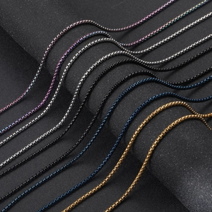 Polished stainless steel box chains in black, silver, gold, blue, and purple for men