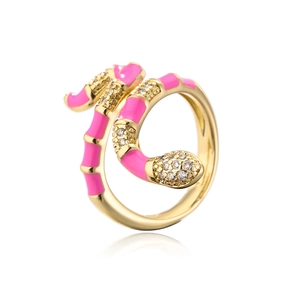Detailed close-up of snake ring featuring pink enamel segments and zircon stones