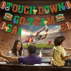 American football party banners with TOUCHDOWN text on a rustic brick wall background