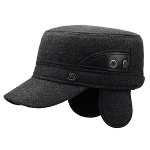 Deep grey wool blend cadet cap for men with warm ear flaps and metal logo detail