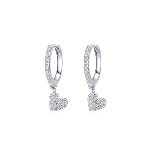 Sparkling S925 sterling silver heart-shaped drop earrings with micro-set zircon crystals
