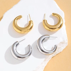 Chunky C-Shaped Hoop Earrings 18K Gold Plated Stainless Steel Mirror Polish Minimalist Geometric Jewelry For Women