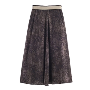 Tiger print high waisted midi skirt with contrast belt in dark brown and grey tones
