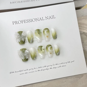 Light green gradient press-on nails with 3D butterfly, moon accents and luxury rhinestones
