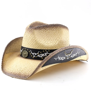 Chapeau de cowboy en paille vintage avec bande en cuir, boucle de taureau et broderie