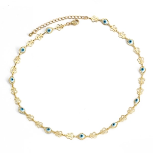 Detail of gold evil eye necklace with hollow butterfly charms and blue bead accents
