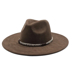 Classic dark brown suede fedora hat with a tricolor woven band and wide flat brim