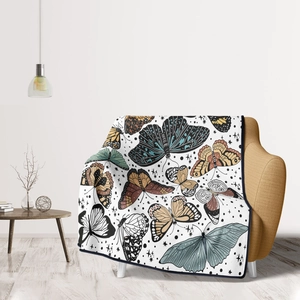 Soft white flannel throw blanket with vintage hand-drawn butterfly patterns for home decor