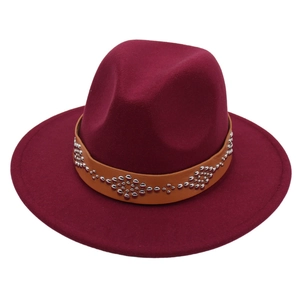 Classic burgundy fedora felt hat with brown leather band and silver metal rivets