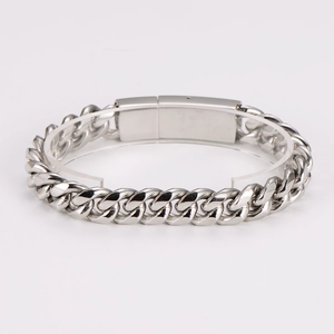 Mens hip hop stainless steel cuban link bracelet with polished clasp on grey background