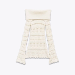 Hollow Out Knit Sweater Off Shoulder Long Sleeve Scalloped Edge Flared Cuffs Slim Fit Elegant Women Top Cream
